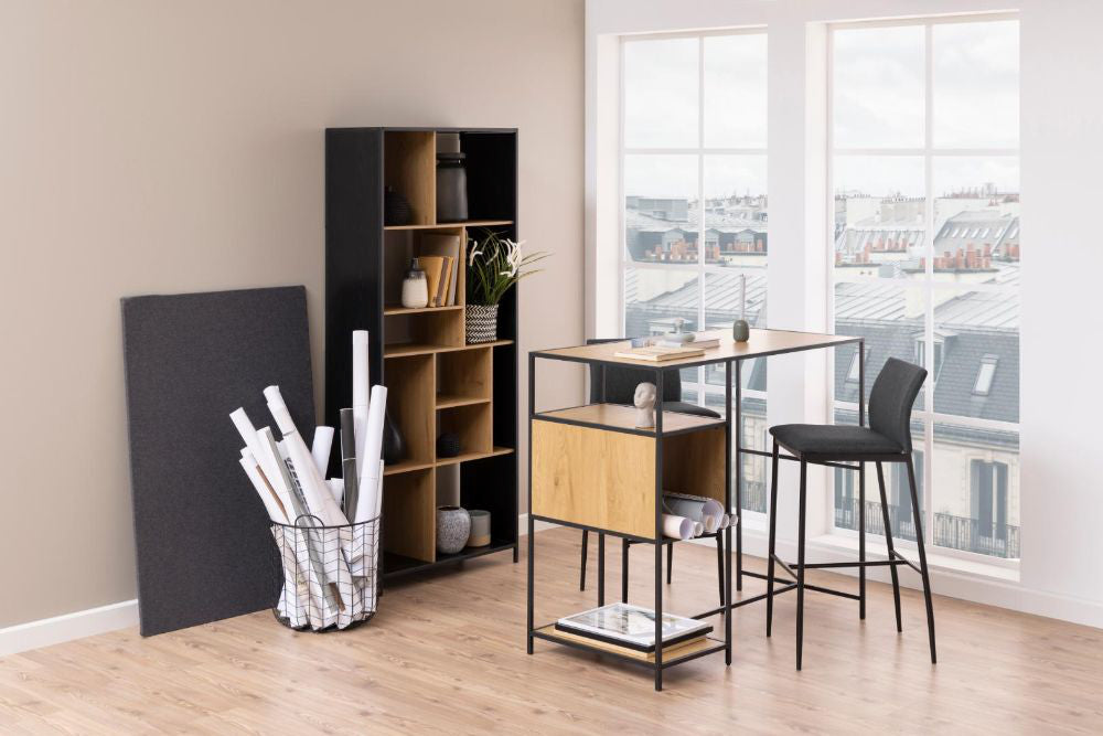 Walt Hall Table Matt Wild Oak with High Stool and Bookshelves in Office Setting