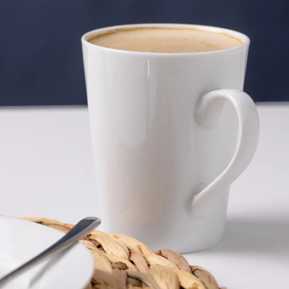 White Conical Mug with Plate in Dining Setting