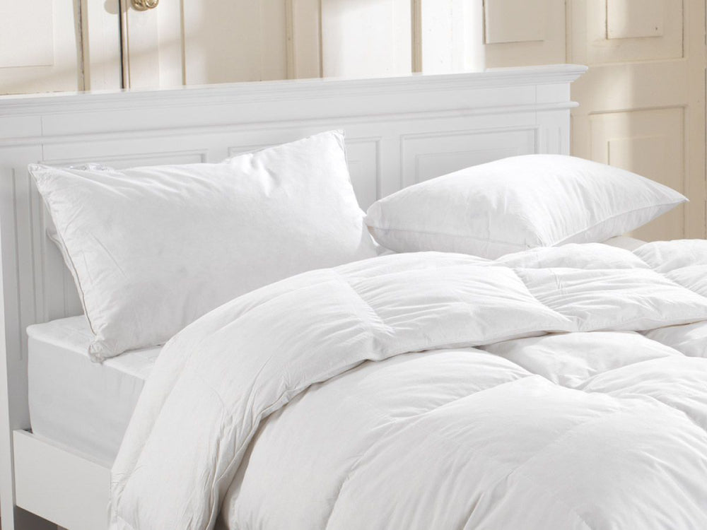 White Goose Feather and Down Pillows Pair with Duvet in Bedroom Setting