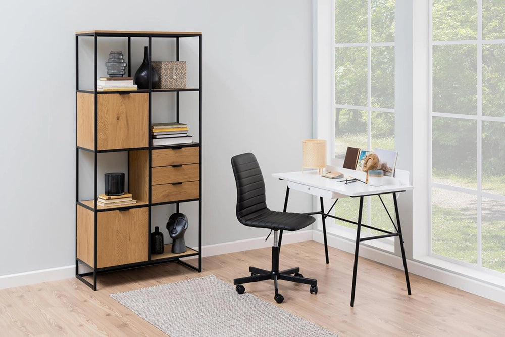 Winnie Asymmetrical Bookcase in Matte Oak Finish with Office Chair and White Top Table in Breakout Setting