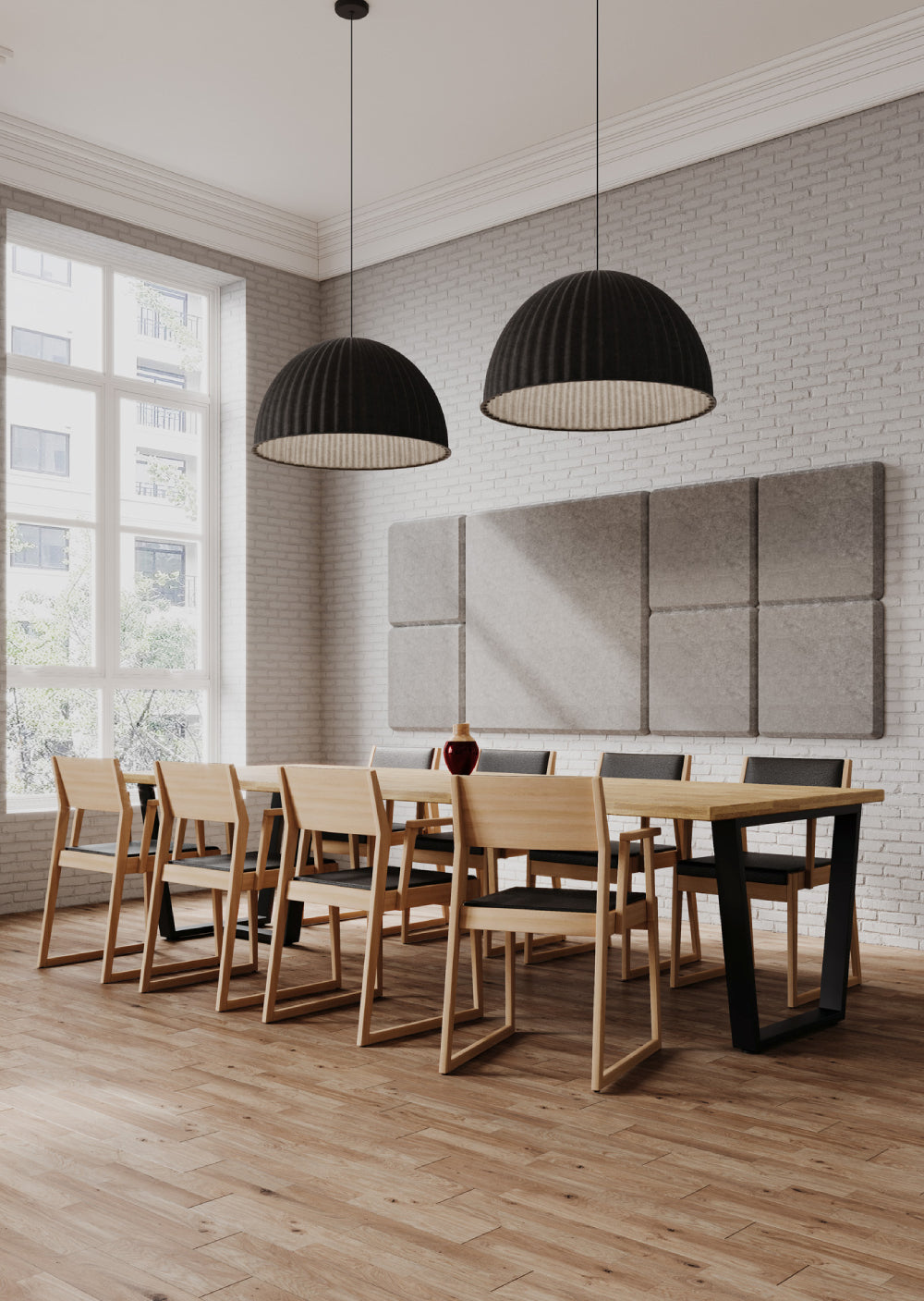 Woodbe Dining Wooden Armchair with Wall Panel and Ceiling Light in Dining Setting