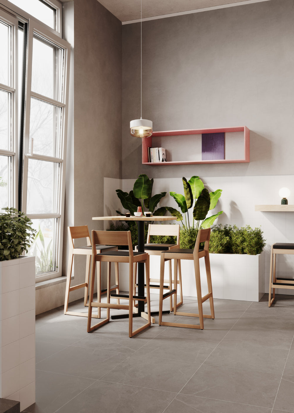 Woodbe High Stool with Indoor Plant and Hightop Table in Breakout Setting