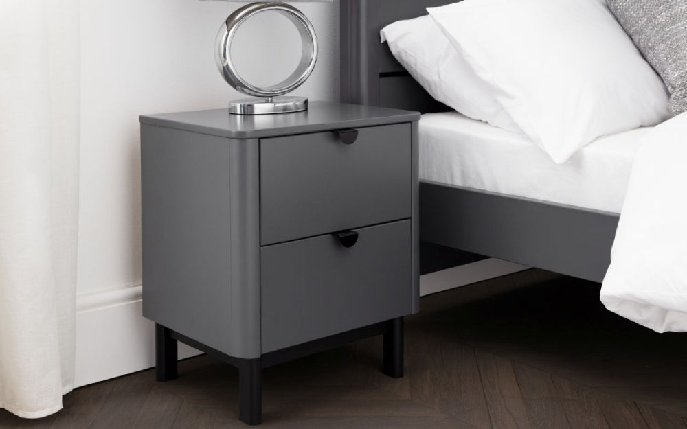 Zoe 2 Drawer Bedside Table in Grey Finiah with Pillowcase and Lampshade in Bedroom Setting